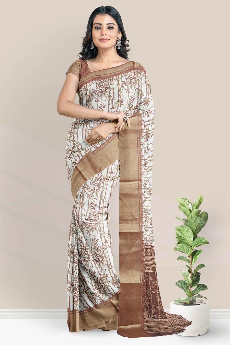 Crepe Brocade Border And Printed Design Onion Pink With Marron Saree