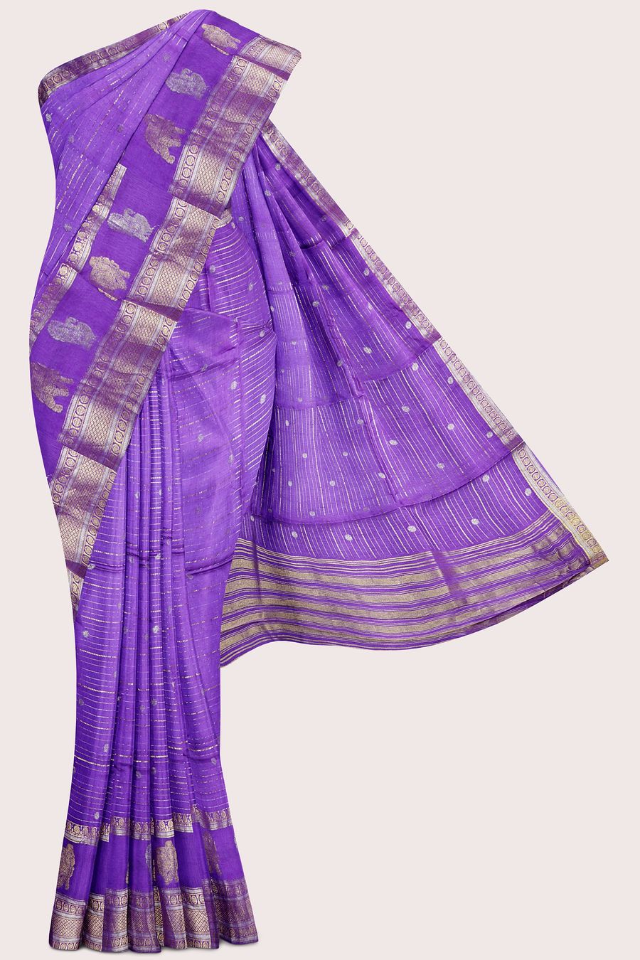 Russian Georgette Silver And Gold Zari Lines Lavender With Purple Saree
