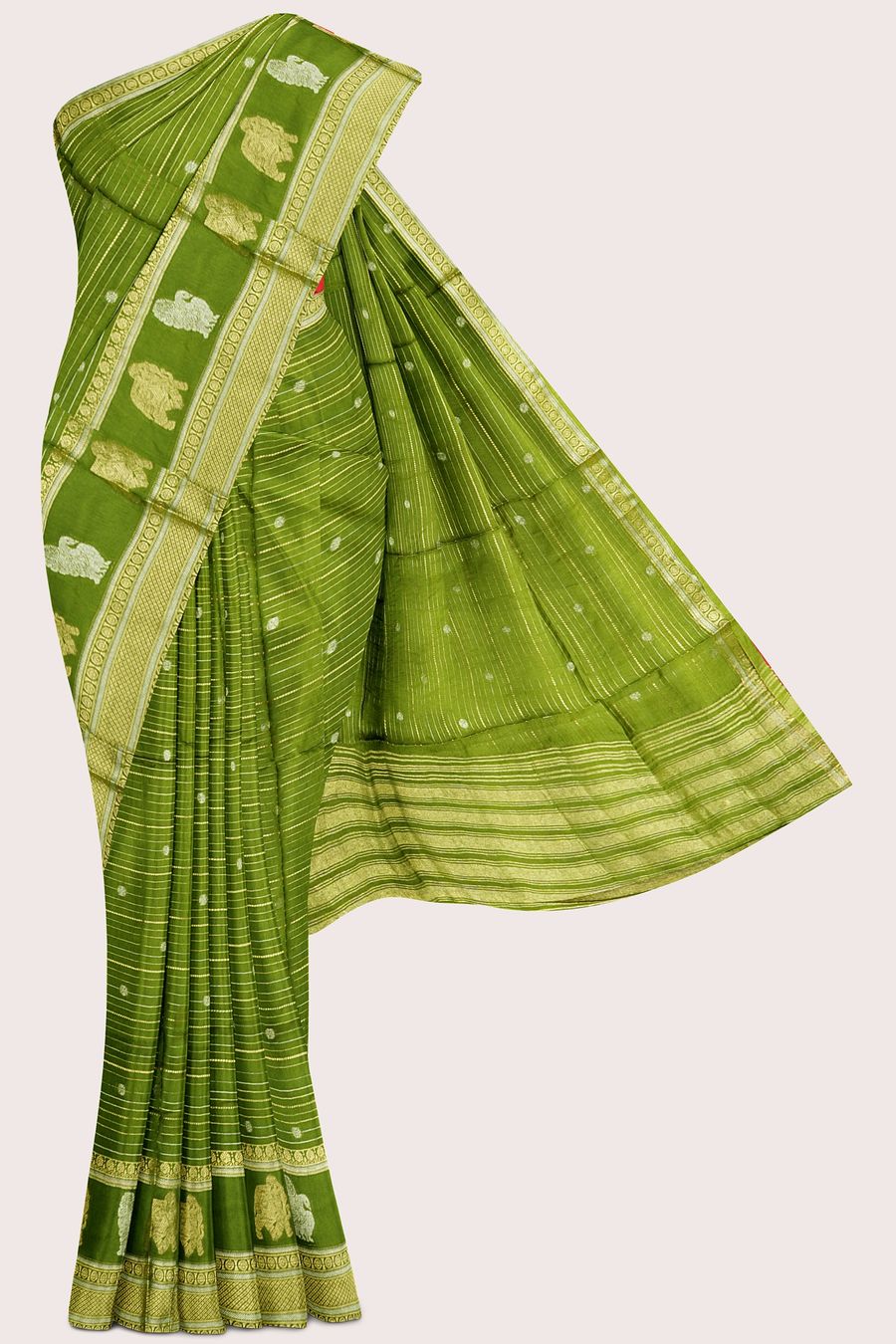 Russian Georgette Silver And Gold Zari Lines Mehandi Green With Red Saree