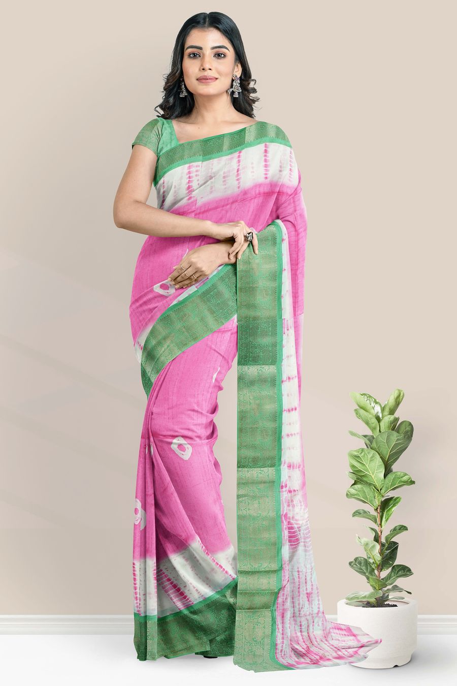 Soft Crepe Silk Gold Zari And Bandini Print Baby Pink With Parrot Green Saree