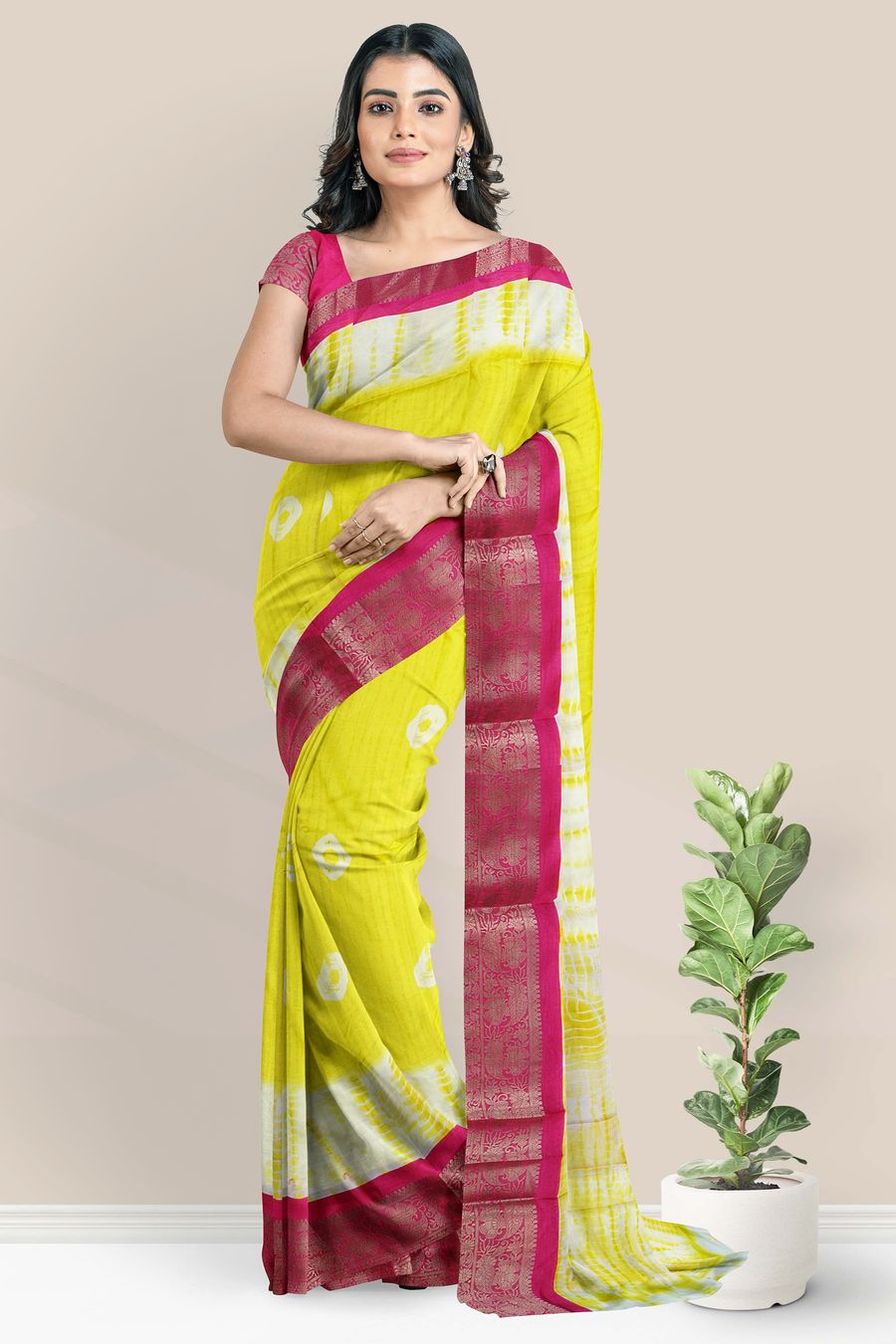 Soft Crepe Silk Gold Zari And Bandini Print Lemon Yellow With Pink Saree