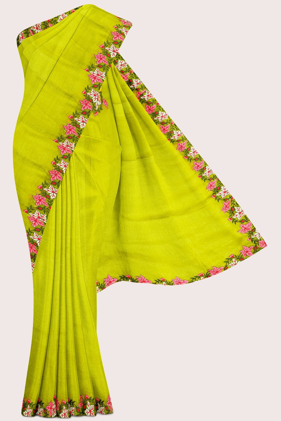 Shimmer Chiffon Embroidery Work Green And Lemon Yellow Mix Saree