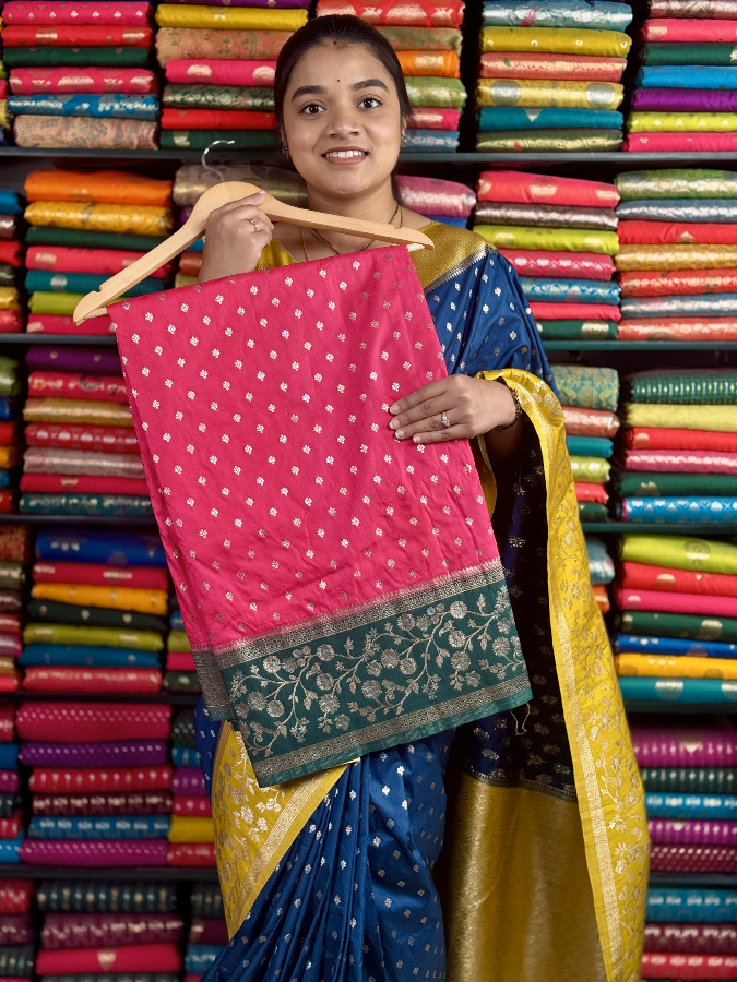 Banarasi Soft Katan Silk Silver Butta Pink And Green Saree