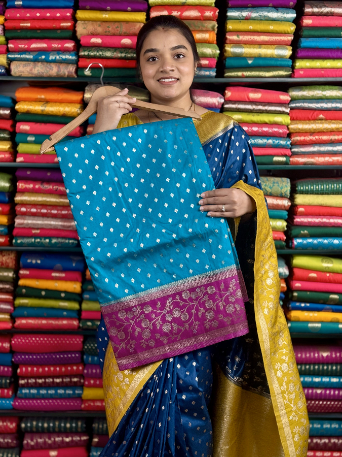 Banarasi Soft Katan Silk Silver Butta Rama Blue And Magenta Pink Saree
