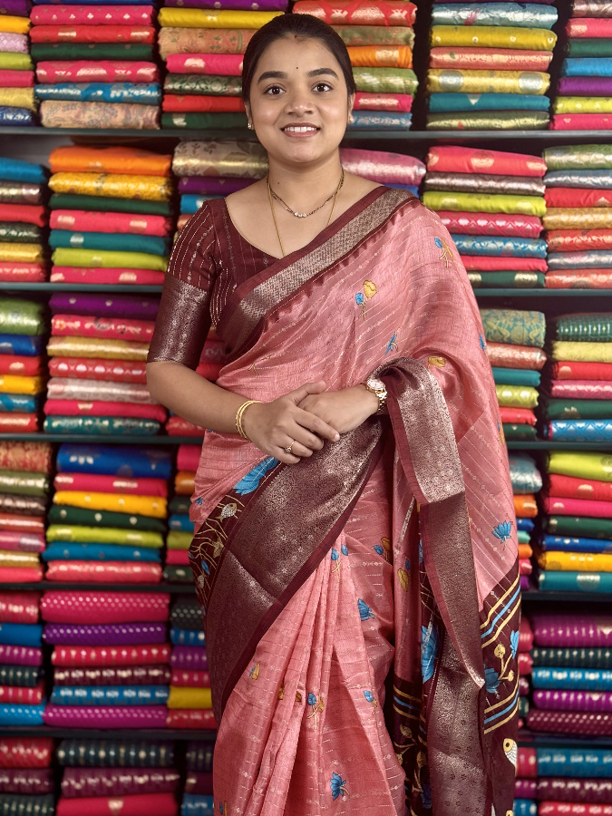 Semi Dola Silk Swan Border Peach And Dark Maroon Saree