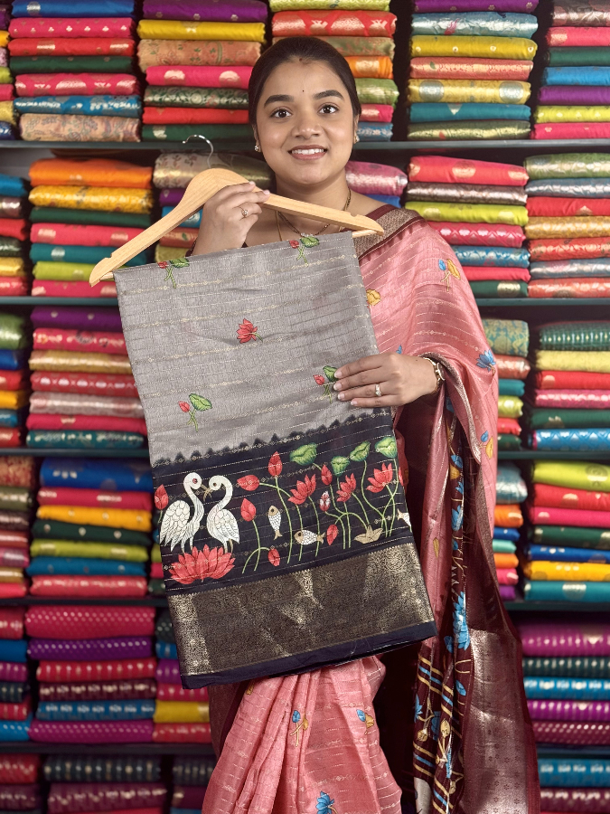 Semi Dola Silk Swan Border Gray And Black Saree