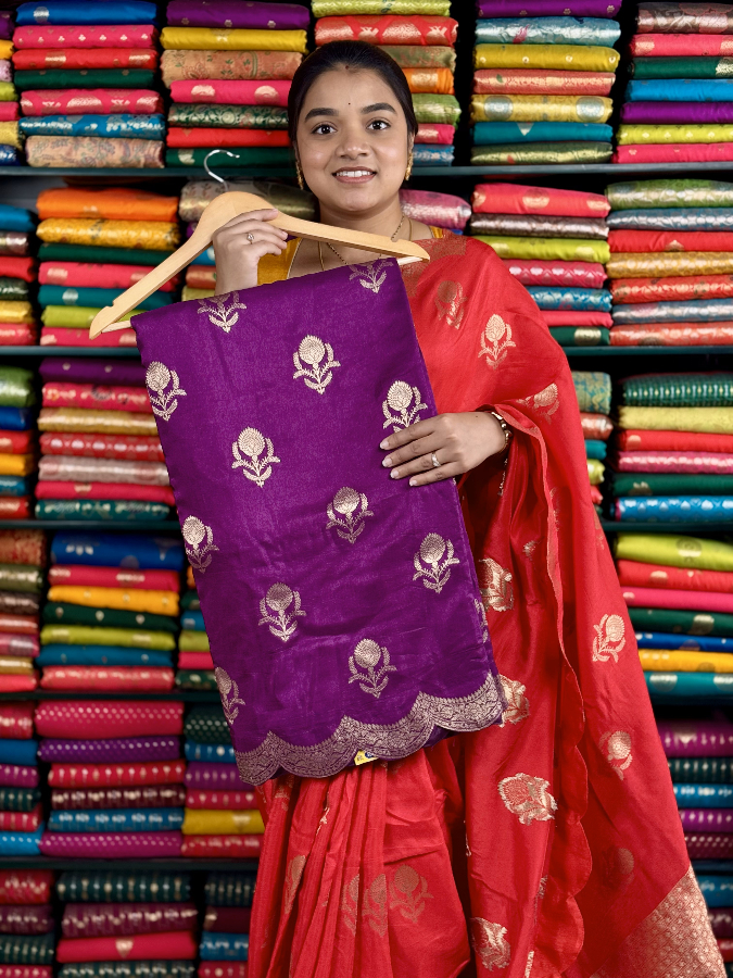 Mashru Silk Scaloop Border Purple And Yellow Saree