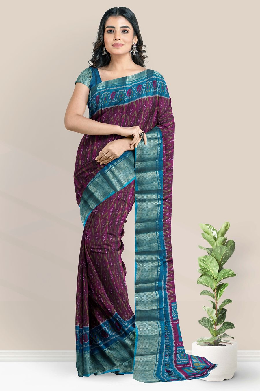 Soft Ikkath Silk Brocade Border Ikkath Print Pink With Blue Saree