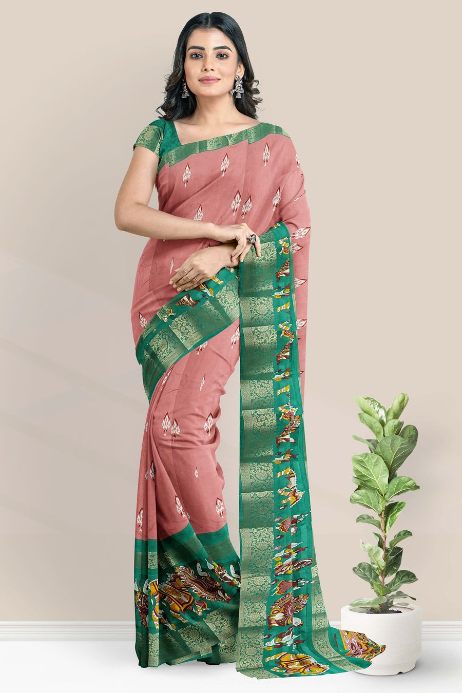 Soft Ikkath Silk Gold Zari And Ikkath Print Onion Pink With Green Saree