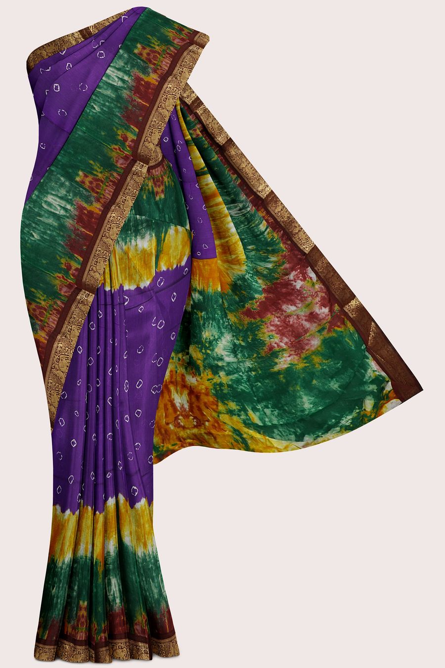 Cotton And Silk Gold Zari And Shibori Design Lavender With maroon Saree