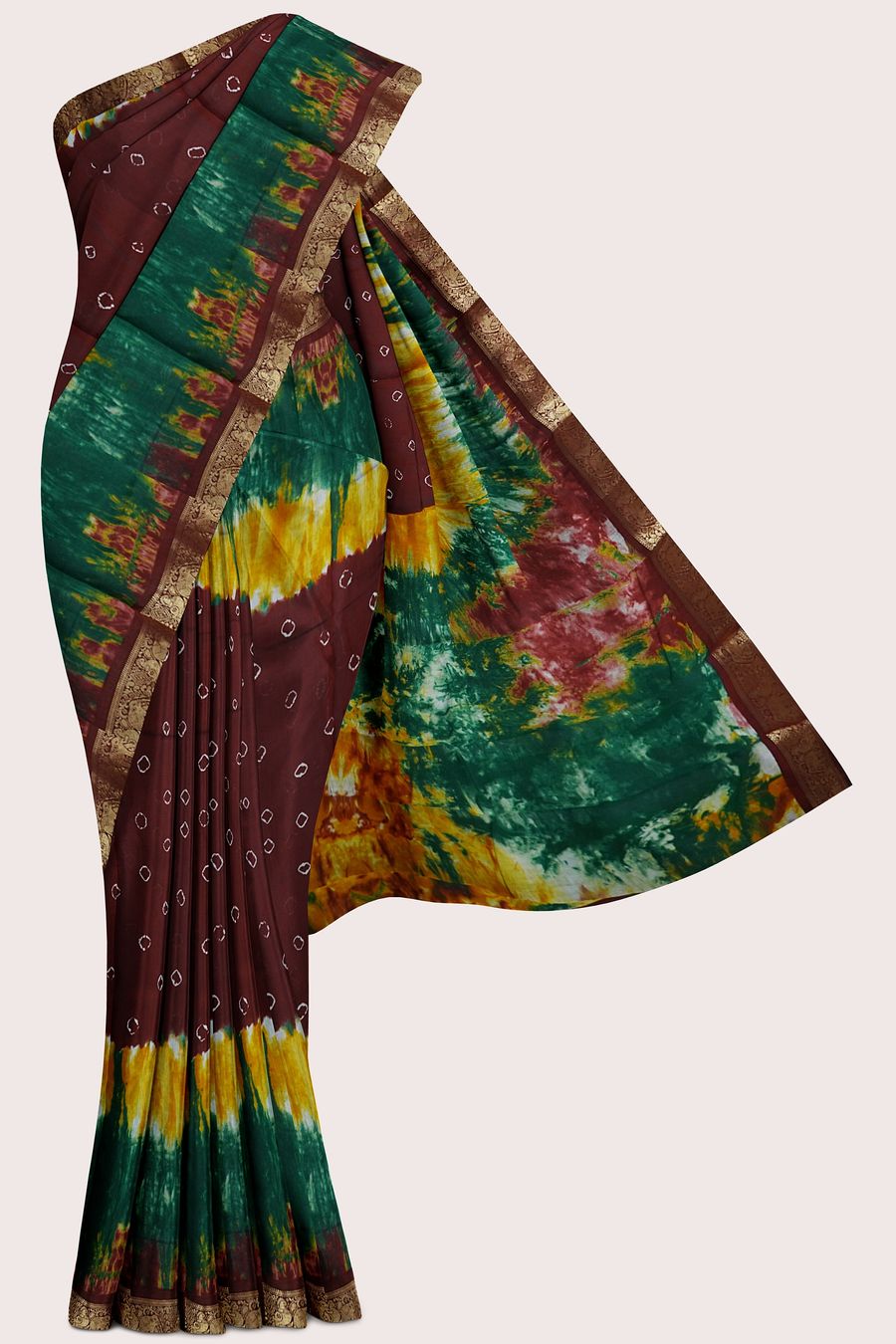 Cotton And Silk Gold Zari And Shibori Design Maroon Saree