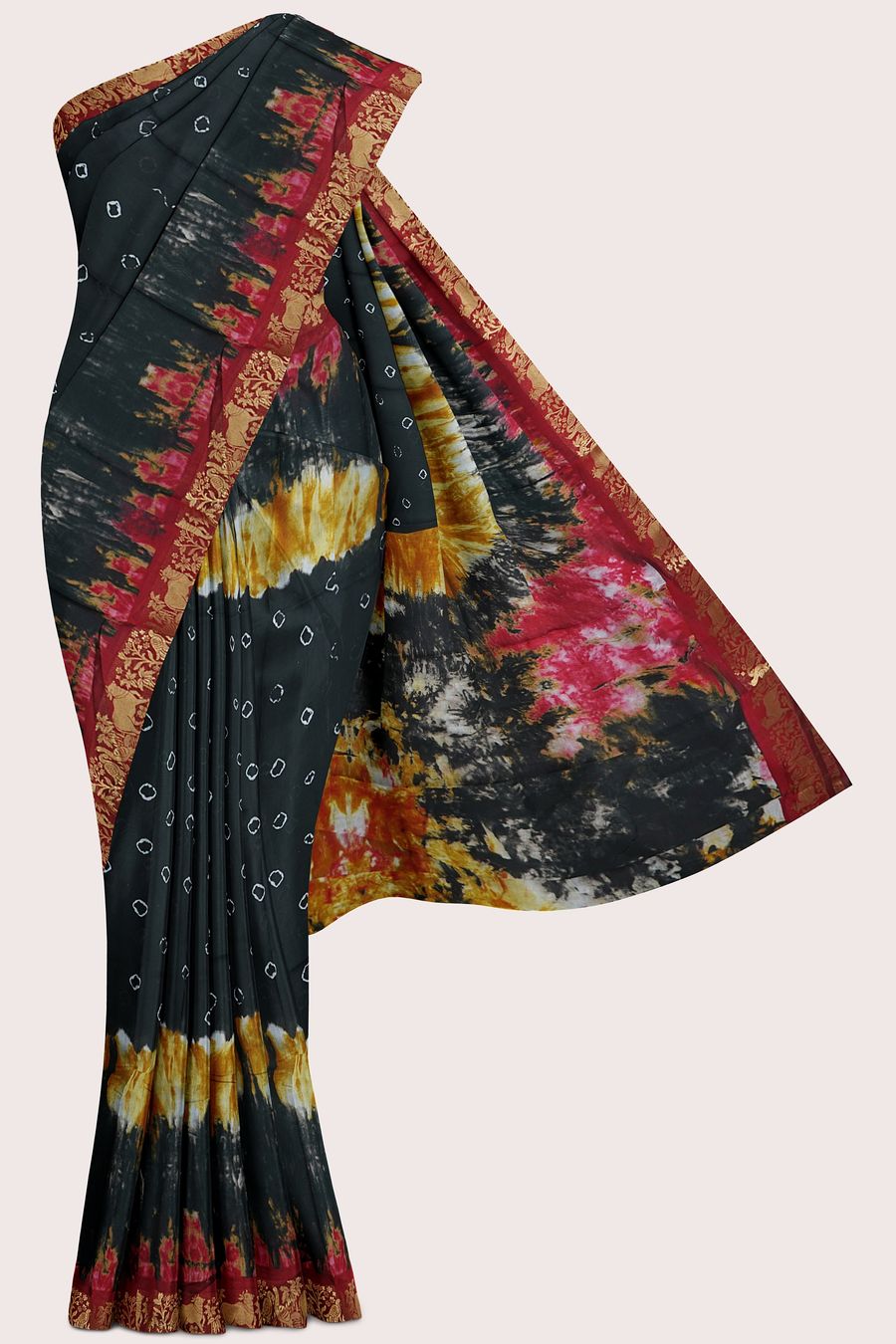 Cotton And Silk Gold Zari And Shibori Design Black With reddish Pink Saree
