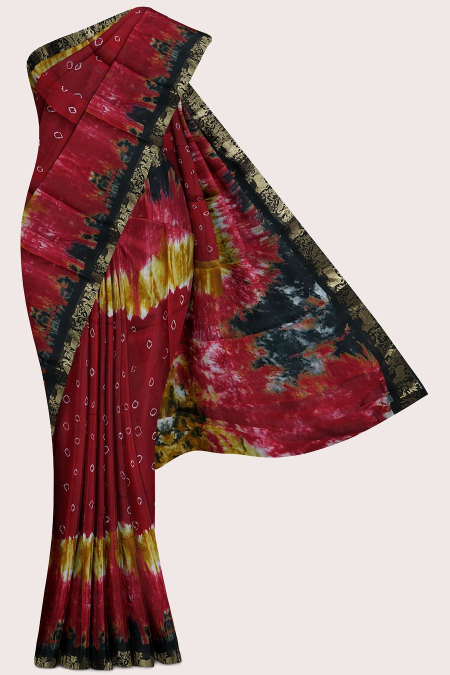 Cotton And Silk Gold Zari And Shibori Design Reddish Pink With Black Saree