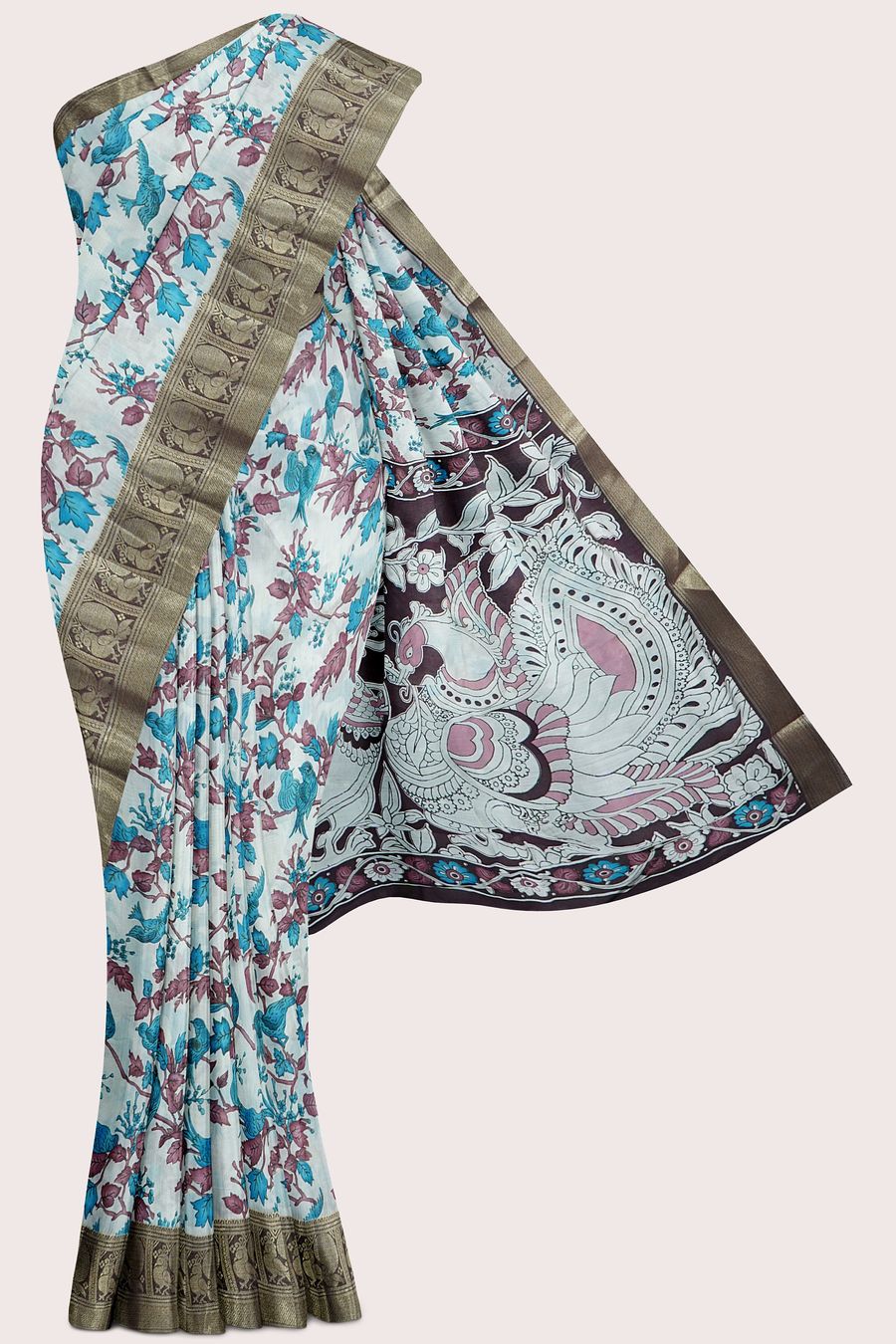 Cotton And Silk Kanchi Border Printed Design Half White With Grape Saree