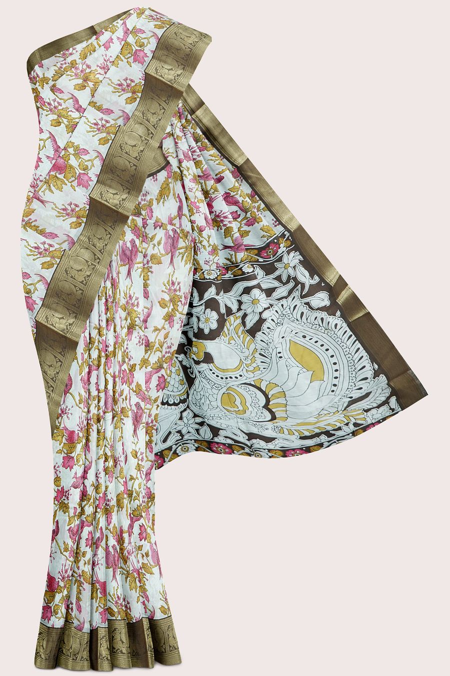 Cotton And Silk Kanchi Border Printed Design Half White With Brown Saree