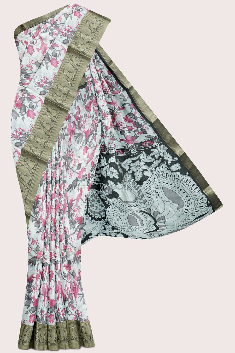 Cotton And Silk Kanchi Border Printed Design Half White With Ash Saree