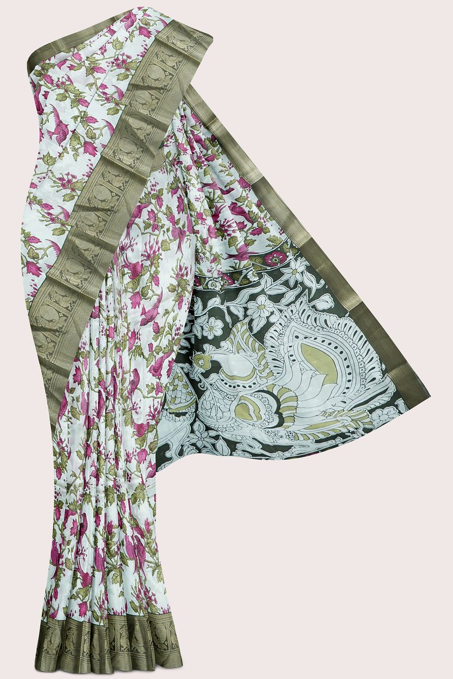 Cotton And Silk Kanchi Border Printed Design Half White With Green Saree