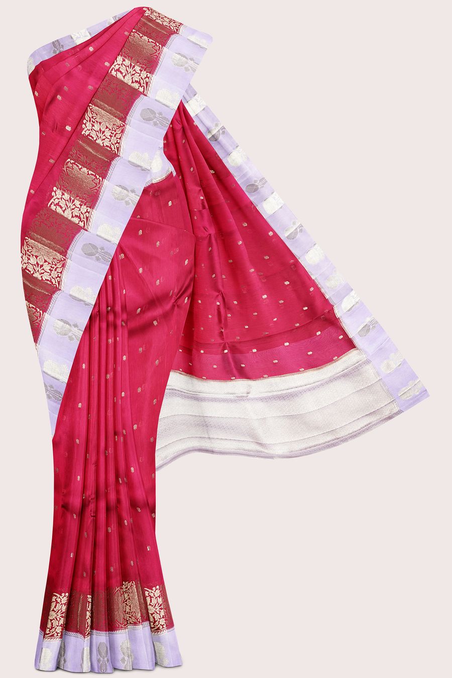 Raw Mango Silk Gold Zari Weaving Butta Bright Pink With lavender Saree