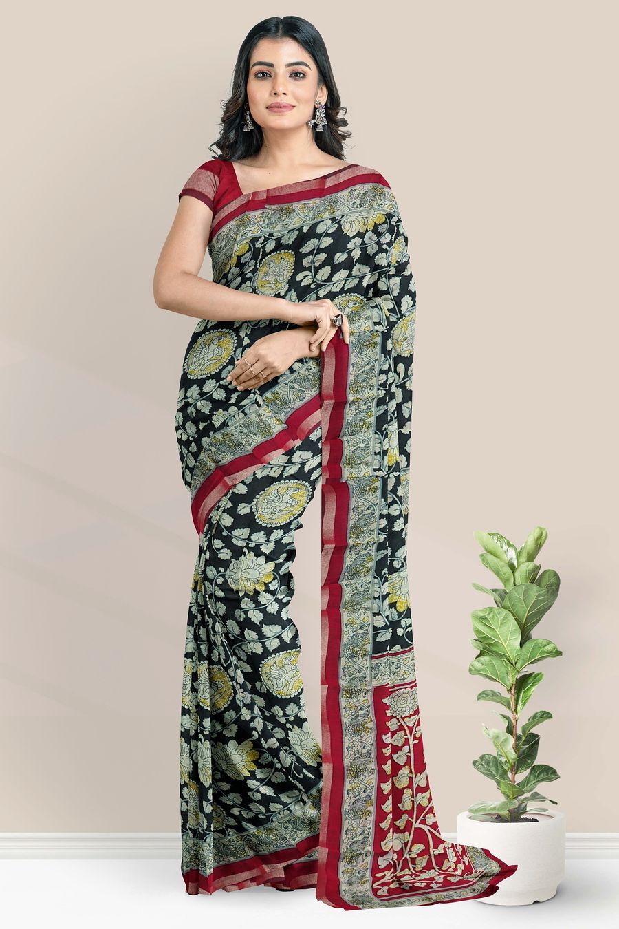Cotton And Silk Floral Kalamkari Print Black With Pink Saree