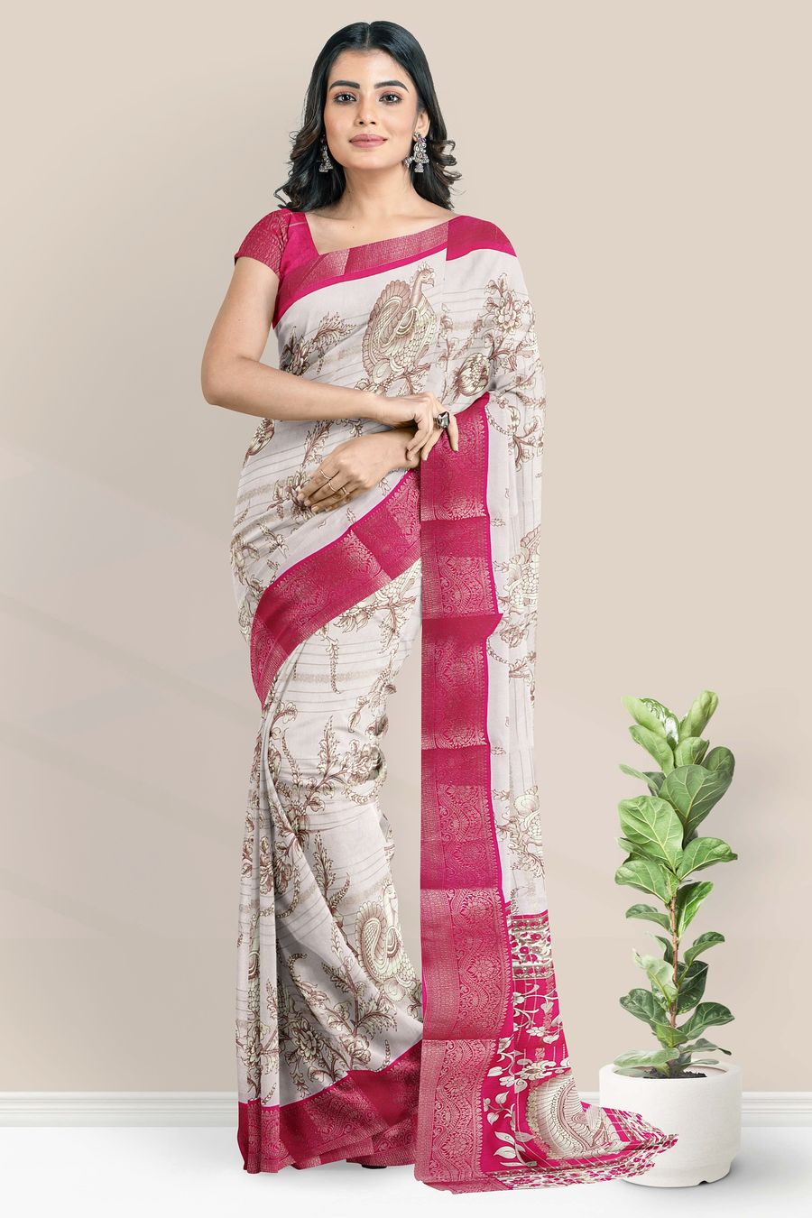 Cotton And Silk Kalamkari Print Design Light Pink With Dark Pink Saree