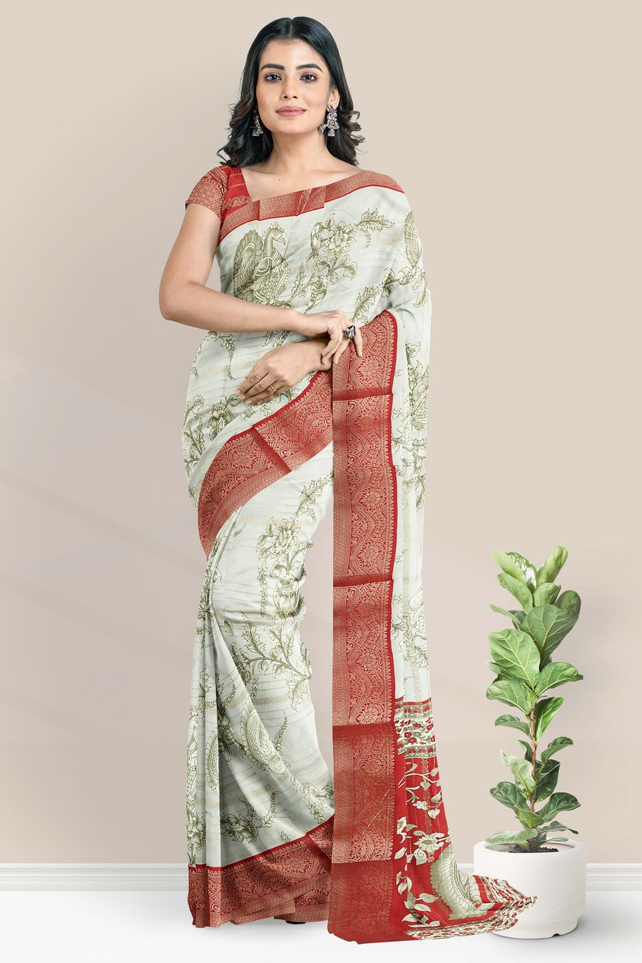 Cotton And Silk Kalamkari Print Design Light Cream With Red Saree