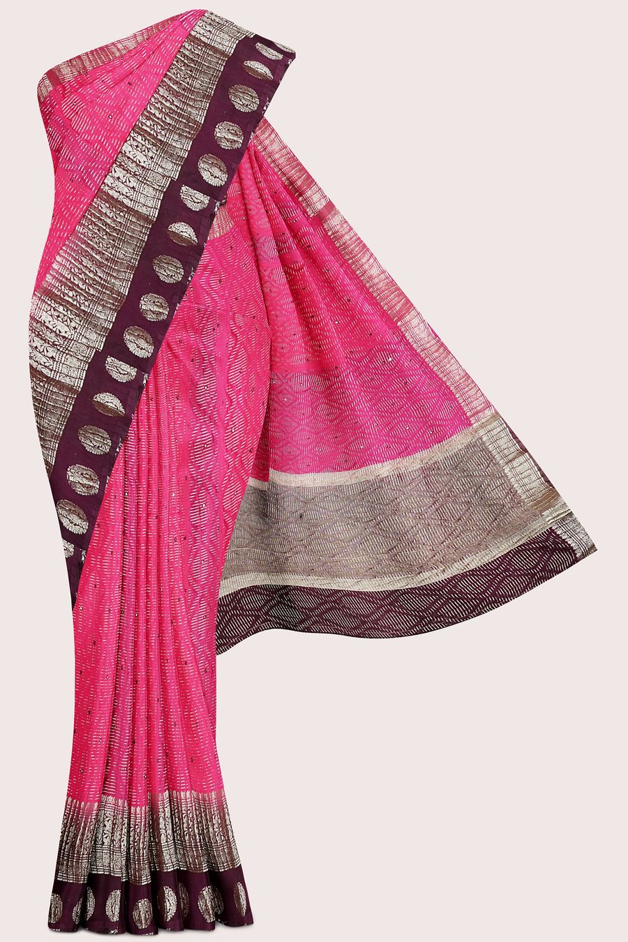 Soft Crushed Silk Brocade Border Cut Work Pink With Brown Saree