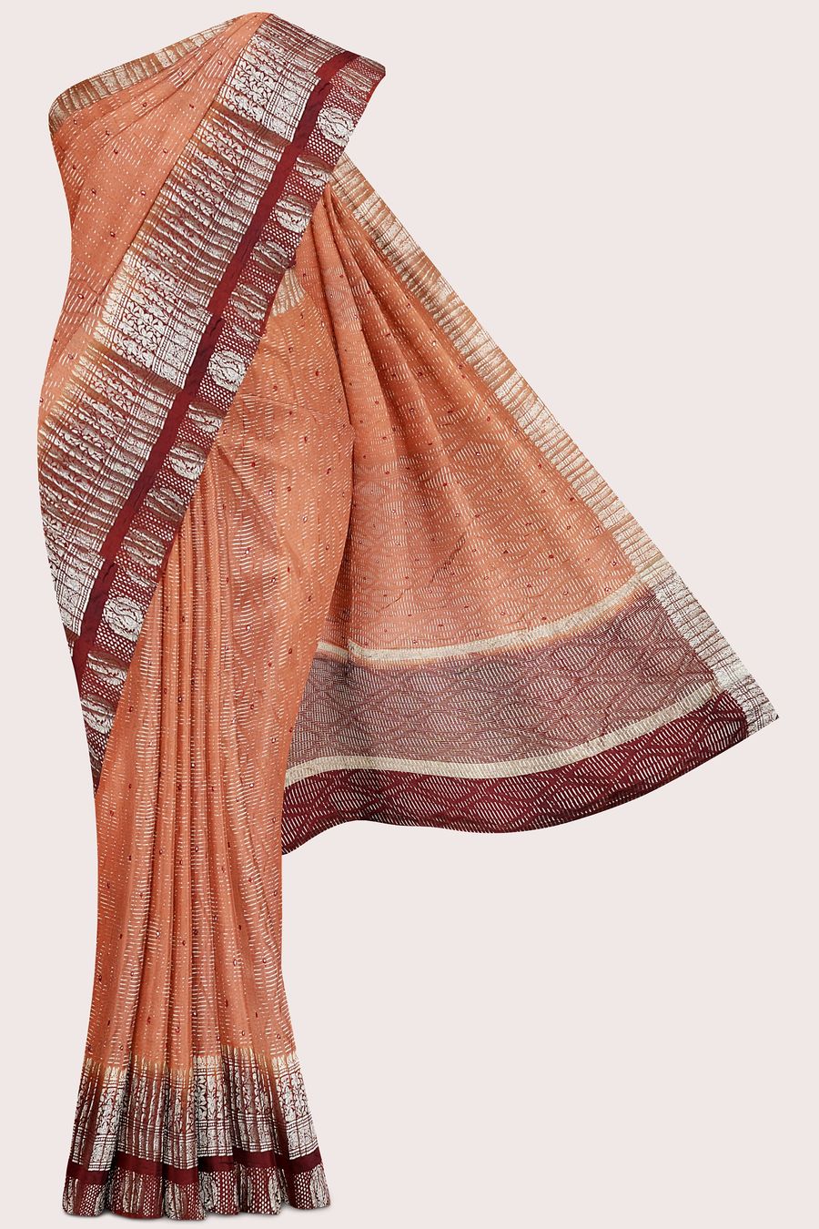 Soft Crushed Silk Brocade Border Cut Work Brick Red With Maroon Saree