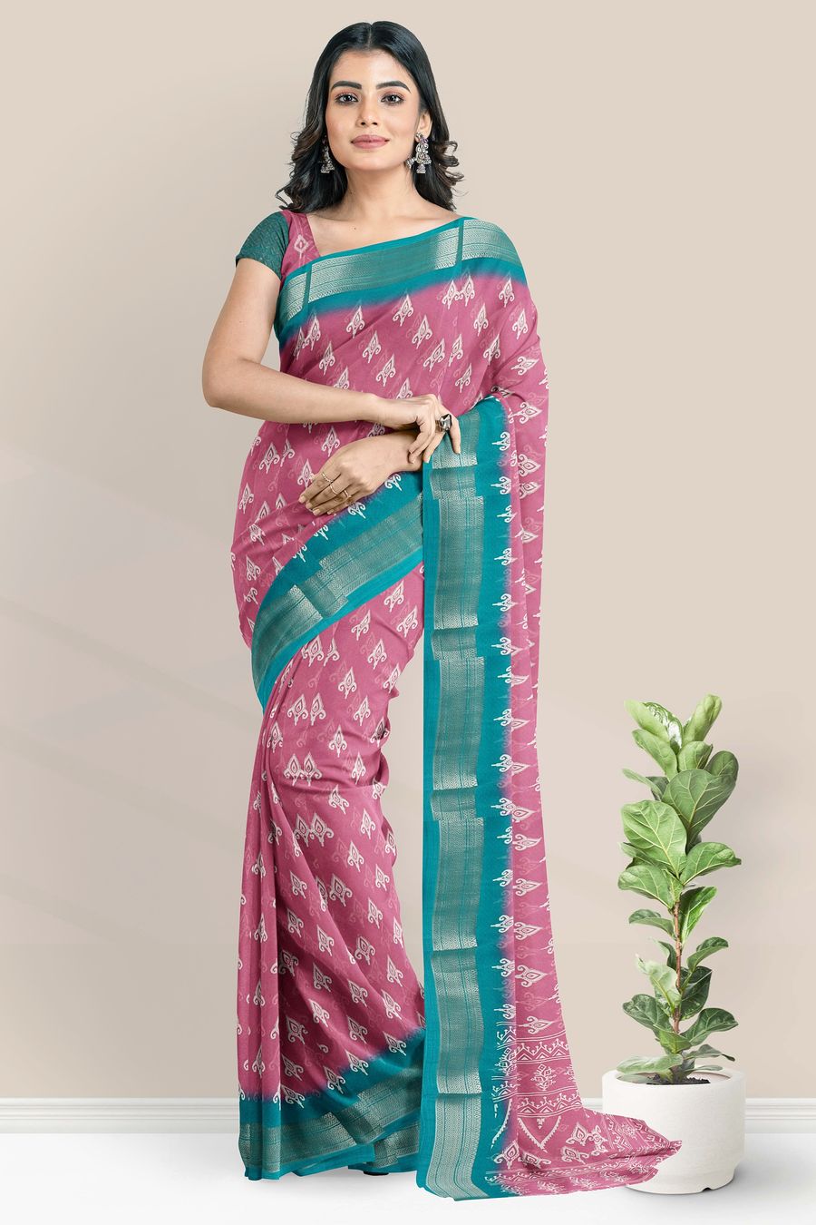 Georgette Brocade Border Printed Design Onion Pink With Rama Green Saree