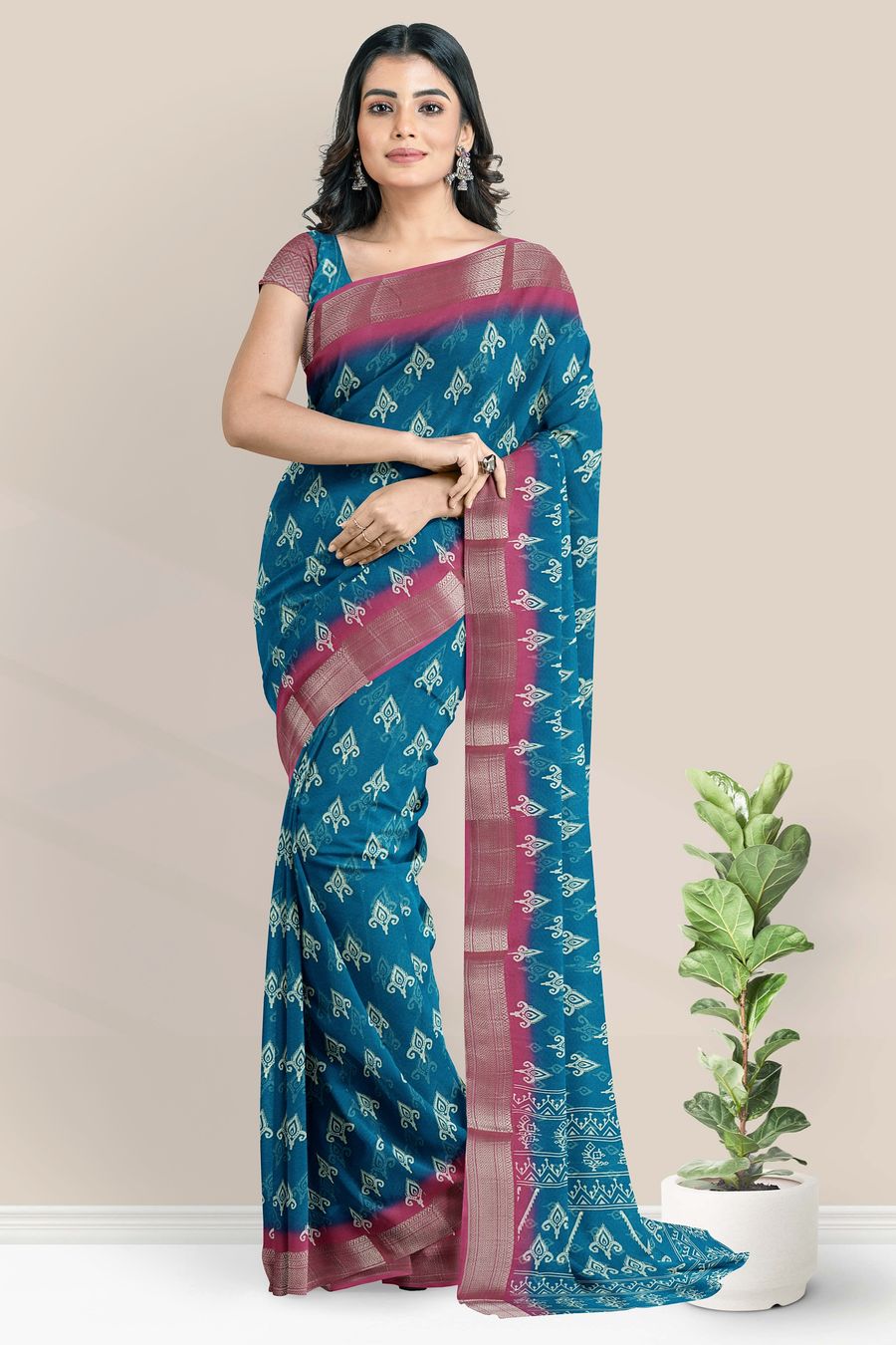 Georgette Brocade Border Printed Design Rama Green With Onion Pink Saree