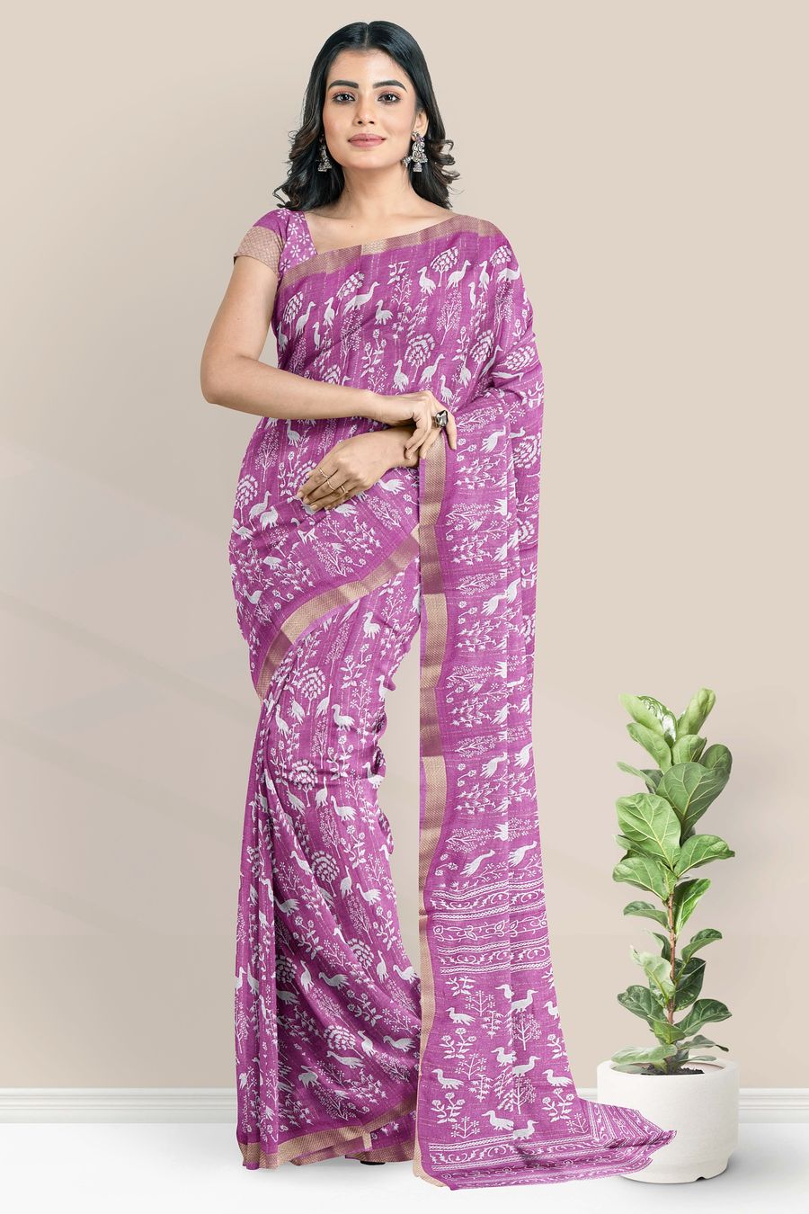 Georgette Brocade Border And Printed Design Magenta Pink Saree