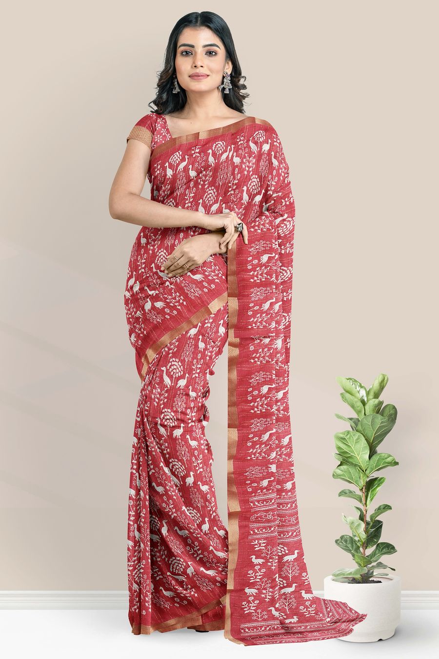 Georgette Brocade Border And Printed Design Maroon Saree