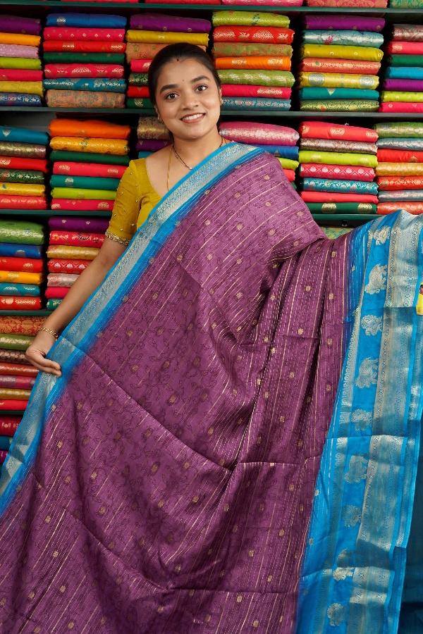Jute Silk Elephant And Peacock Border Wine And Coppersulphate Blue Saree