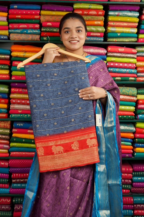 Jute Silk Elephant And Peacock Border Dark Grayish Blue And Red Saree