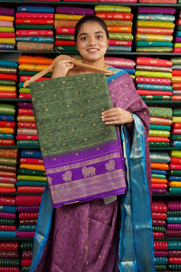 Jute Silk Elephant And Peacock Border Dark Green And Purple Saree