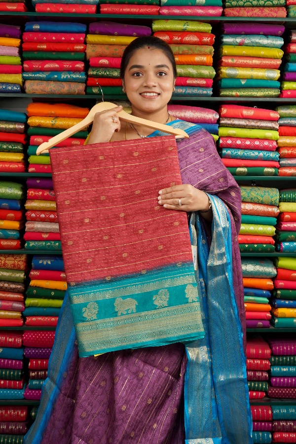 Jute Silk Elephant And Peacock Border Red And Rama Blue Saree