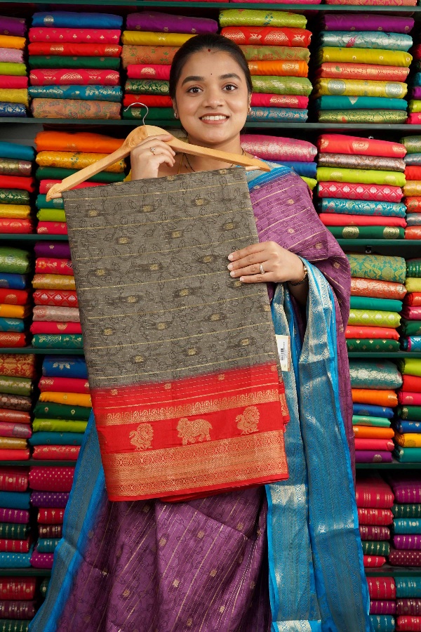 Jute Silk Elephant And Peacock Border Dark Chikoo And Red Saree
