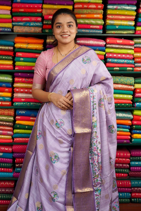 Soft Silk Peacock Butti With Zari Border Light And Dark Lavendar Saree