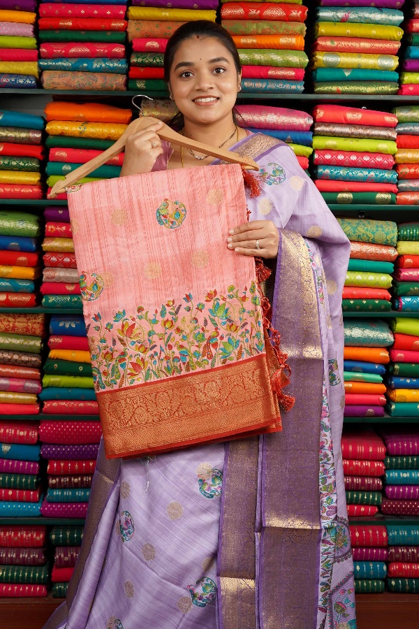 Soft Silk Peacock Butti With Zari Border Light Onion Pink And Red Saree