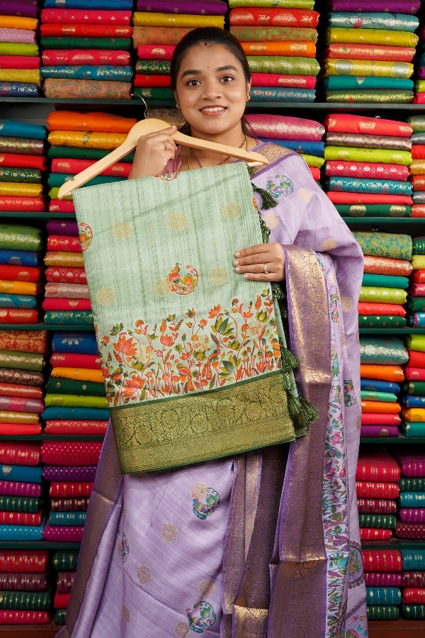 Soft Silk Peacock Butti With Zari Border Light And Dark Green Saree