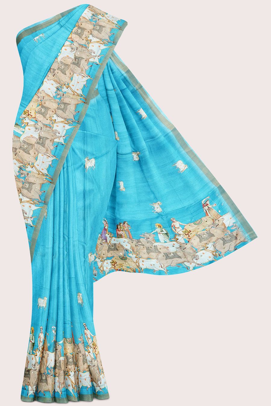 Jute Bagalpuri Silk Kadi Border Human And Cow Print Sky Blue Saree
