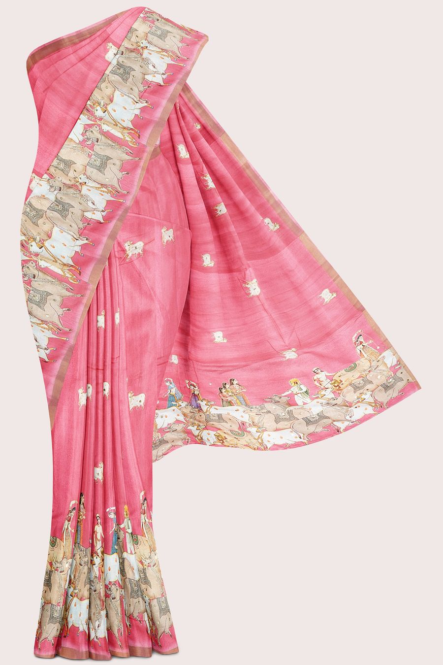 Jute Bagalpuri Silk Kadi Border Human And Cow Print Peach Pink Saree