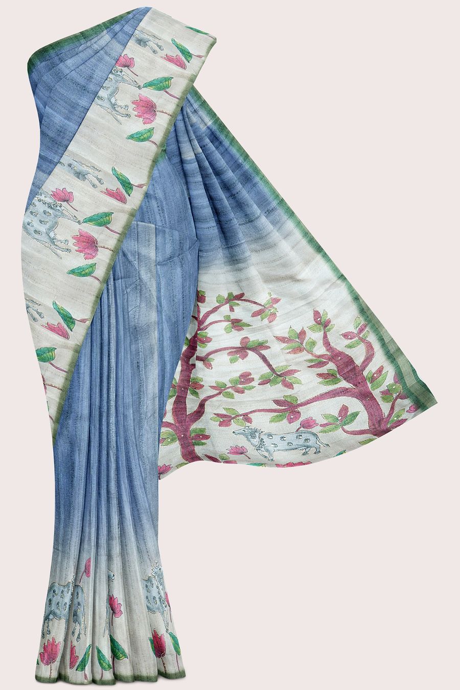 Jute Bagalpuri Silk Pichwai Digital Printed Blue With Cream Saree