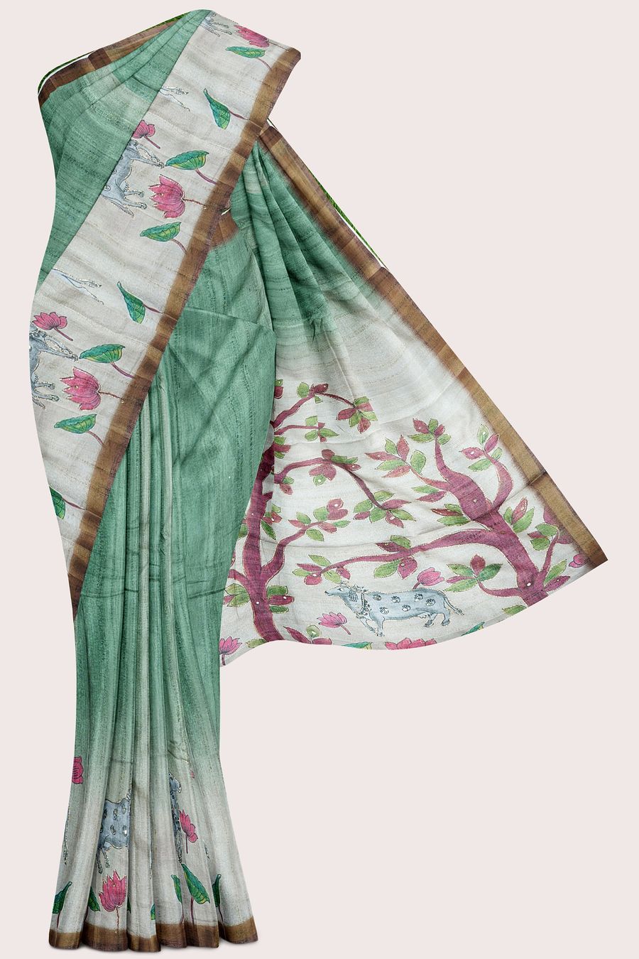 Jute Bagalpuri Silk Pichwai Digital Printed Green Saree