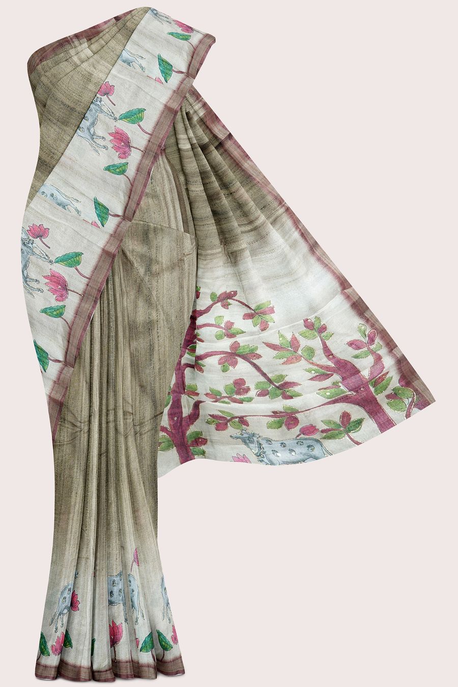 Jute Bagalpuri Silk Pichwai Digital Printed Mehandi Green Saree
