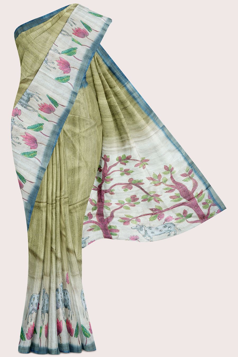 Jute Bagalpuri Silk Pichwai Digital Printed Green With Mehandi Green Mix Saree