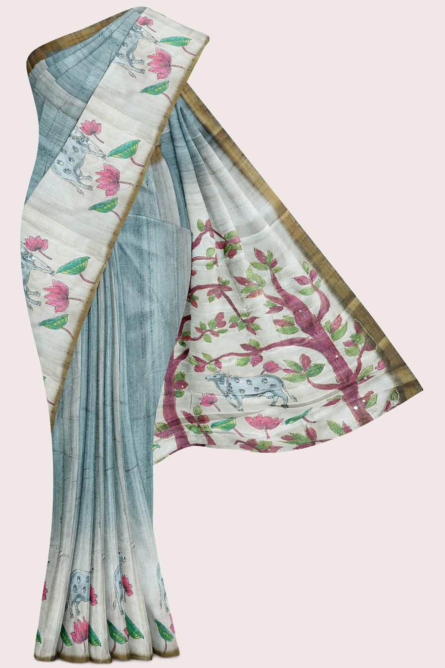 Jute Bagalpuri Silk Pichwai Digital Printed Ash Saree