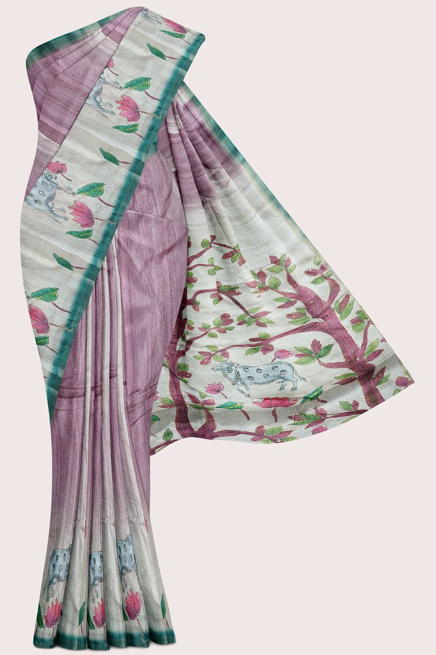 Jute Bagalpuri Silk Pichwai Digital Printed Peach Pink Saree