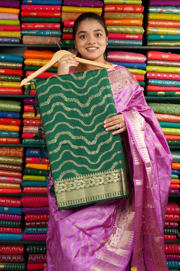 Fancy Silk Wave Zari Bottle Green Saree