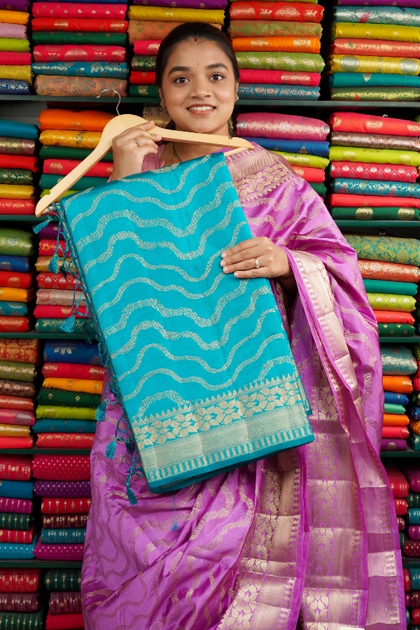 Fancy Silk Wave Zari Coppersulphate Blue Saree
