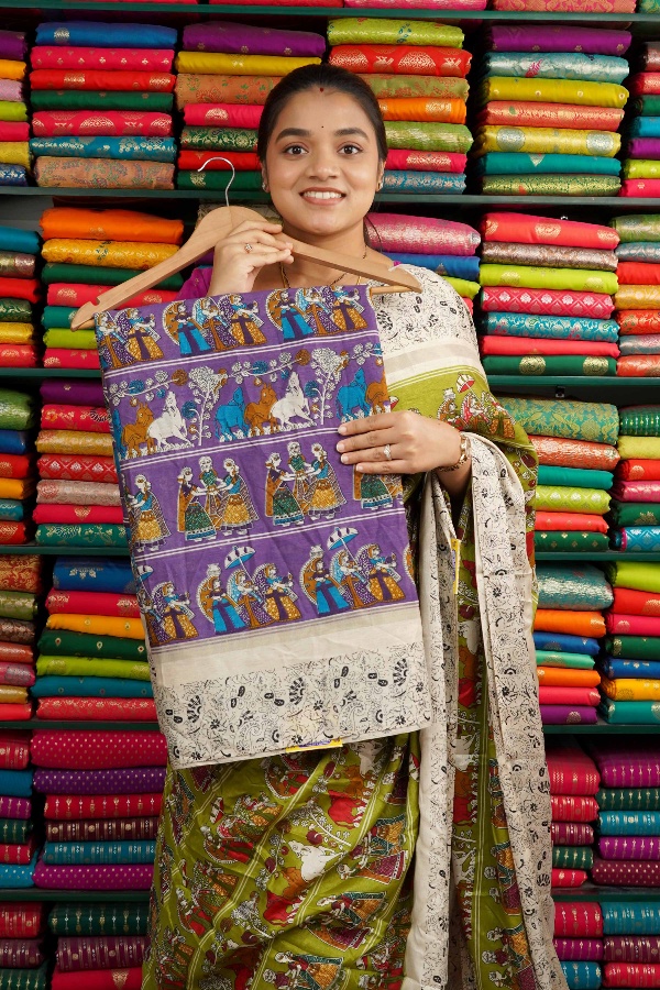 Soft Jute Silk Kalamkari Print Purple And Cream Saree